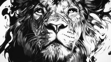 Intense monochromatic sketch of a lion's face showcasing detailed line art in bold black and white photo