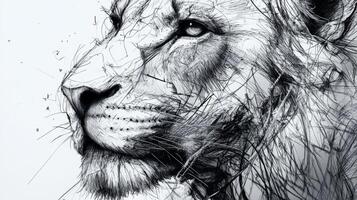 Detailed monochromatic sketch of a lion's face showcasing intricate line art in bold black and white photo