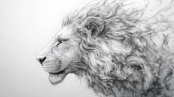Detailed pencil sketch of a lion's head showcasing strength and majesty with intricate lines and textures against a neutral background photo