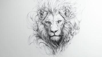 A detailed pencil sketch of a lion's head showcasing sharp lines and intricate details that emphasize strength and majesty photo