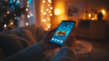 Cozy evening at home with a person using a smartphone to browse a food delivery app in warm lighting photo