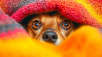 A curious dog peeks from behind a bright blanket, showcasing its playful personality and cozy surroundings in a warm indoor setting photo
