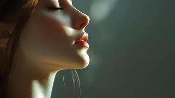 Elegant woman with perfect skin and serene expression in soft lighting, creating a calming atmosphere photo