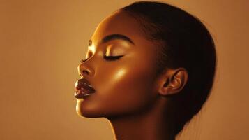 A serene profile of a woman with flawless skin and elegant makeup illuminated by soft lighting in a calming atmosphere photo