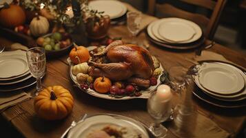 A rustic wooden table set for Thanksgiving dinner featuring roast turkey and seasonal decorations in a cozy dining setting photo
