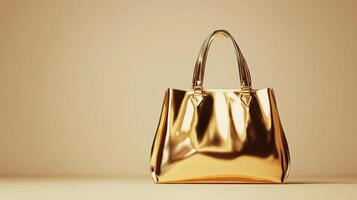 A stunning gold handbag positioned elegantly against a minimalist beige background showcasing luxury fashion appeal photo