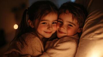 Siblings enjoy a warm and happy moment together, hugging and smiling in soft lighting during a cozy evening at home photo