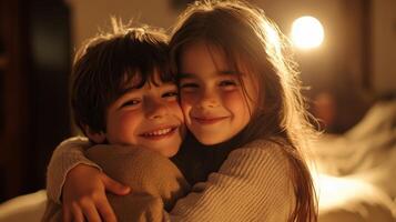 Siblings share a joyful hug in a cozy setting, capturing a warm family moment in soft lighting during a quiet evening at home photo
