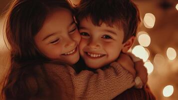 Siblings embrace warmly, sharing a joyful moment in soft lighting during the cozy holiday season at home photo