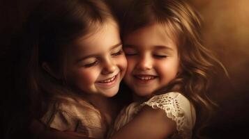 Sisters embracing each other warmly, sharing laughter in a cozy setting during a joyful family gathering photo