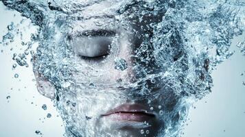 A surreal portrayal of a transparent human head filled with swirling water and splashes, evoking the essence of fluidity and emotion photo