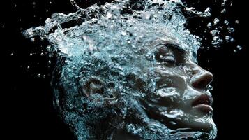 A surreal exploration of a transparent human head filled with splashing water, merging reality with abstract art in an ethereal moment photo