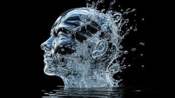 A surreal representation of a human head filled with water, splashes erupting in a captivating digital art composition photo