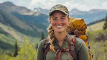 Woman enjoying a sunny mountain hike with a backpack and a smile in a stunning natural landscape photo