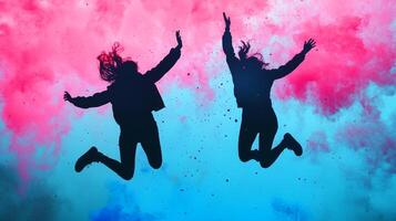 Two silhouettes leap joyfully in a vibrant splash of pink and blue during a dynamic outdoor celebration at sunset photo