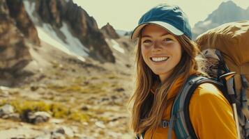 Woman in hiking gear smiles joyfully in a sunlit mountain landscape, showcasing her love for adventure and the great outdoors photo