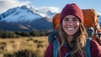 Smiling woman in hiking gear enjoys a sunny mountain adventure in a breathtaking natural landscape photo
