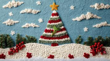 A cozy knitted Christmas card featuring a decorated tree and a serene winter landscape background photo