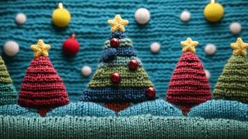Knitted Christmas greeting card featuring a vibrant landscape with decorated trees and colorful knitted ornaments photo