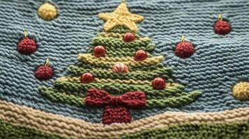 Handmade Christmas card featuring a knitted tree against a scenic backdrop for festive celebrations photo