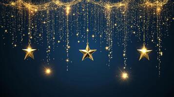 Glistening gold stars cascading over an elegant navy blue background create a festive atmosphere perfect for celebrations photo