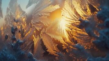 Frost forms intricate patterns on a winter window as sunlight filters through, creating a stunning display of nature's artistry photo