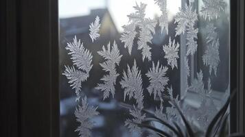 Frost forms intricate patterns on a winter window, revealing nature's artistry at dawn in a quiet neighborhood photo