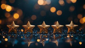 Five golden stars reflecting on a black background with bokeh, symbolizing top-notch business service and customer satisfaction photo