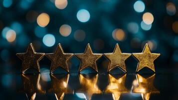 Five golden stars arranged in a row symbolizing top-rated business services against a bokeh background photo