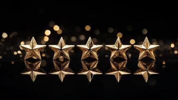 Five golden stars arranged in a row on a black background showcasing excellence and premium quality service photo