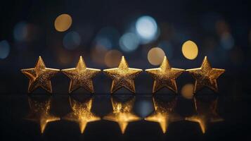 Five golden stars arranged in a row on a black background showcasing excellence in business services and customer experience photo
