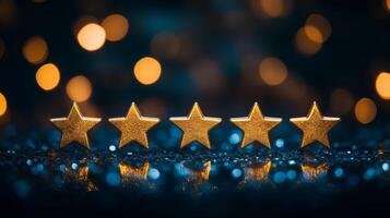 Five golden stars aligned against a black background with bokeh for excellent service rating in customer experience photo