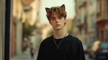 Teenage boy with cat features walks confidently down a city street exploring therian lifestyle and social media culture photo