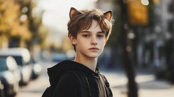 A Cat Therian teenager with subtle feline features explores a city street while embodying a unique lifestyle influenced by social media photo