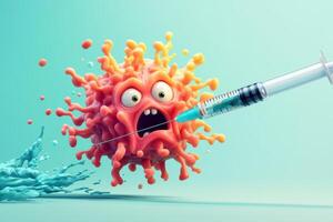 A scared virus character faces vaccination by a syringe in a colorful cartoon illustration promoting children's health photo