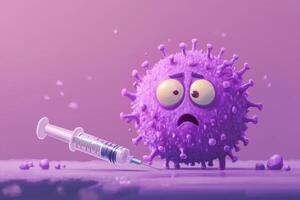A scared virus character facing a syringe in a humorous cartoon illustration emphasizing the benefits of vaccination for children photo