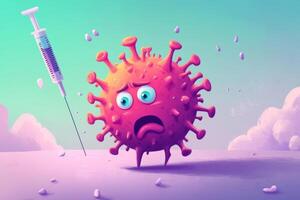 A scared virus cartoon character facing a vaccine syringe in a whimsical, colorful setting emphasizing vaccination benefits for children photo