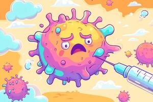 A colorful illustration of a scared virus being vaccinated by a syringe, highlighting the importance of vaccines for children's health photo