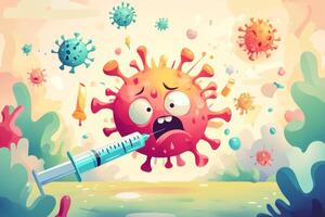 A colorful cartoon virus looks scared as it gets vaccinated with a syringe in a whimsical scene promoting health and vaccination for children photo