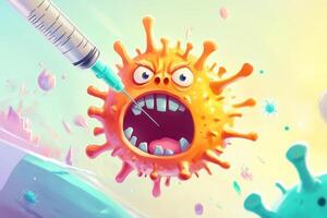 A colorful cartoon depicting a scared virus being vaccinated with a syringe in a whimsical health-themed illustration for children photo