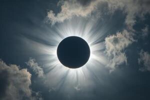 A breathtaking solar eclipse creates a dramatic halo effect over clouds during a celestial event photo