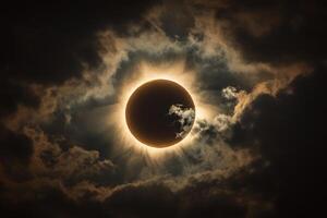 Stunning solar eclipse casts a dramatic shadow over clouds with radiant halo effect in the sky photo