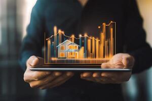 Businessman analyzes real estate investment opportunities with a digital house model and growth graphs on a tablet display photo