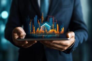 Businessman showcasing a digital house model on a tablet with rising graphs, emphasizing growth in real estate investment photo