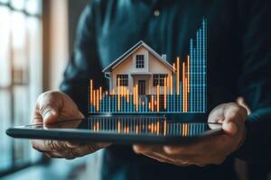 Businessman showcasing a digital house model on a tablet while analyzing real estate investment growth metrics indoors photo