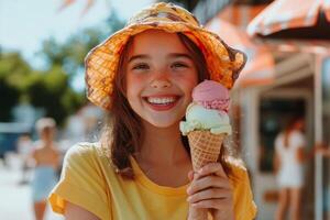 Cheerful girl enjoying a colorful three-scoop ice cream cone at a summer fair, radiating joy and delight photo