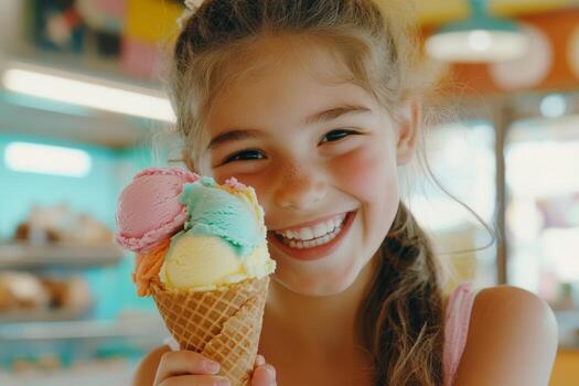 Cheerful girl smiles while holding a colorful three-scoop ice cream cone in a bright summer setting photo