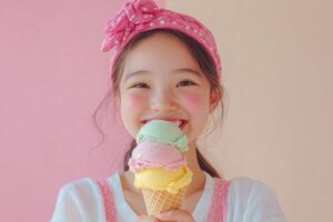 A cheerful girl enjoys a colorful ice cream cone on a sunny day, radiating happiness and summer vibes photo
