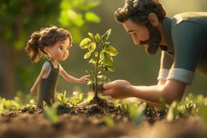 A father and daughter planting a young tree together in their garden, celebrating family traditions on a sunny afternoon photo