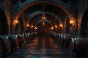 Explore a majestic royal wine cellar illuminated by flickering torches with rows of oak barrels photo